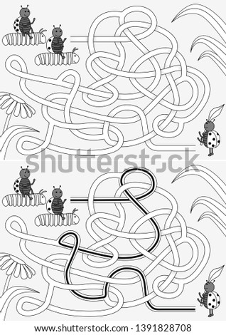 Ladybug and caterpillars race maze for kids with a solution in black and white