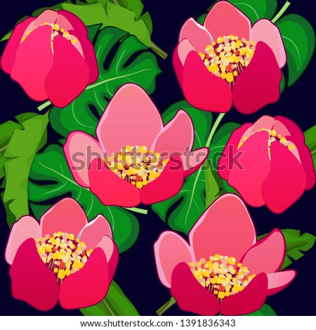 Vector illustration of bright red flowers. Seamless pattern. Illustration for print