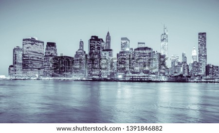 New York Financial District and the Lower Manhattan at night viewed from the Brooklyn Bridge Park. Blue black and white image.