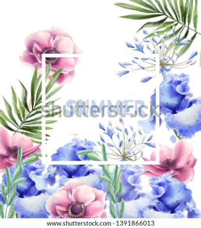 Spring flowers frame card Vector watercolor. Wedding invitation. Summer fest background. Vintage romantic decors