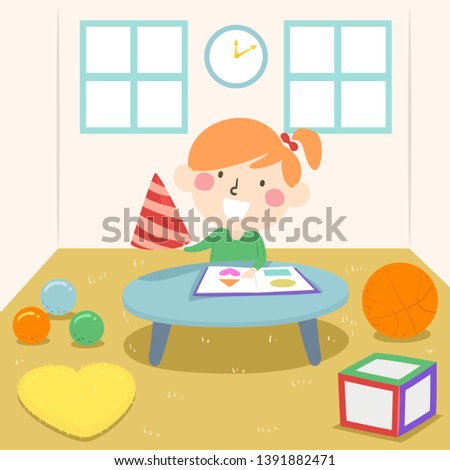 Illustration of a Kid Girl Looking for Shapes in the Classroom from the Book