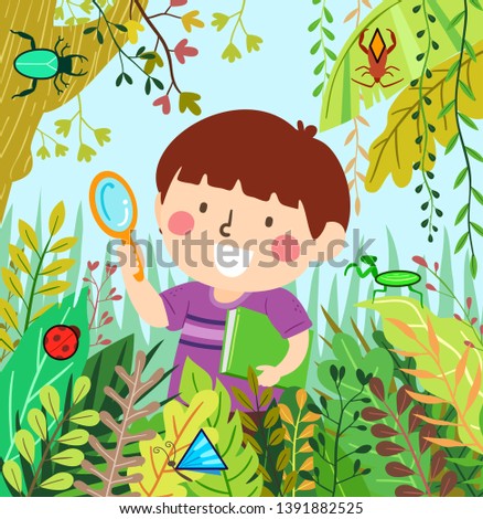 Illustration of a Kid Boy Holding Magnifying Glass and a Book Looking for Insects in the Wild