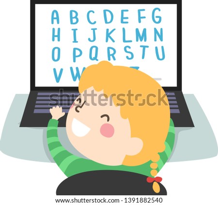 Illustration of a Kid Girl Playing with the Alphabet in Her Laptop