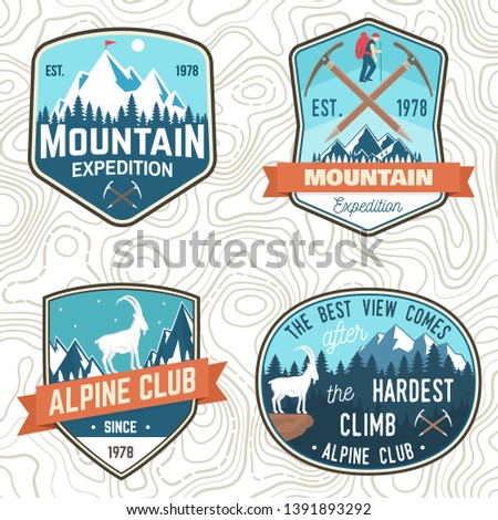Set of mountain expedition patch. Vector. Concept for alpine club shirt or badge, print, stamp or tee. Vintage typography design with mountaineers and mountain silhouette. Outdoors adventure emblems.