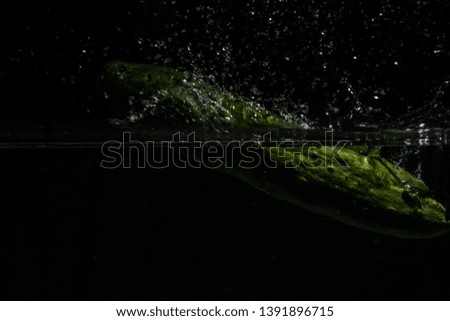 Vegetable cucumber "Cucumis sativus" in water on black background with splashes, water drops. Close-up photo, slow motion.