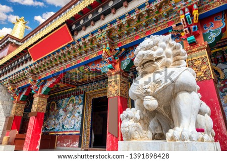 Stone Lion statue in front gate of Songzanlin Temple also known as the Sumtseling Monastery, is a Tibetan Buddhist monastery in Zhongdian city( Shangri-La), Yunnan province China is closely Potala Royalty-Free Stock Photo #1391898428
