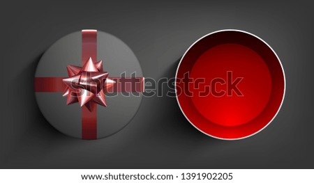 Surprise Gift Box. Present vector ribbon. Birthday celebration illustration with red bow. Christmas background illustration. Happy valentine day concept. Shiny wrap. Anniversary sale packaging. 3d