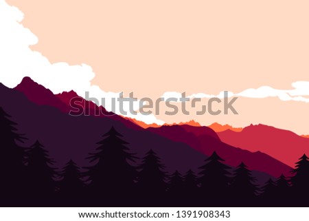 Mountain landscape with silhouettes of forest trees mountains and hills