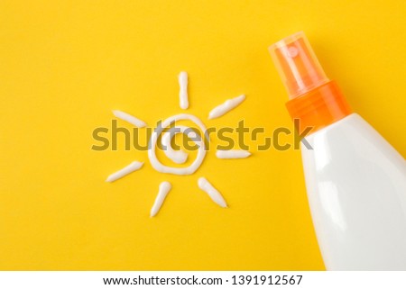 sunscreen remedy. various sunscreens and sun cream on a bright yellow background. Sun protection. Ultraviolet protection. Summer. top view. Royalty-Free Stock Photo #1391912567