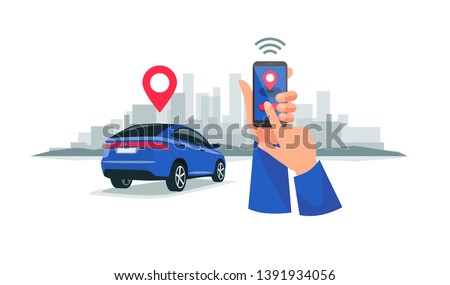 Isolated vector illustration of wireless remote connected car sharing service controlled via smartphone app. Hands holding a phone with location mark of smart electric car in the modern city skyline.