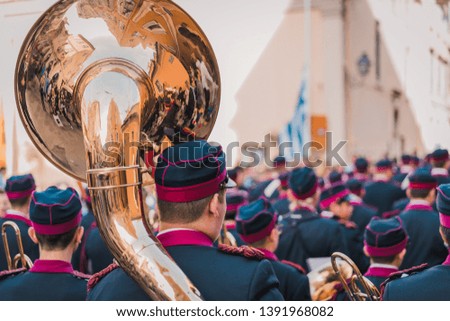 Close up and details of playing musicians, instruments in a marching, show band or music band