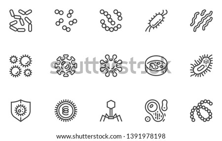 Bacteria, Microbe and Virus Vector Line Icons Set. Viral and Bacterial Infection, Colony of Bacteria, Petri Dish. Editable Stroke. 48x48 Pixel Perfect. Royalty-Free Stock Photo #1391978198