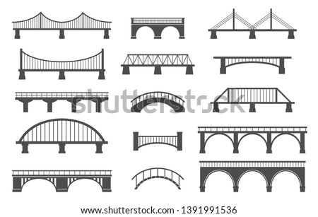 Set of different bridges. Isolated on white background. Black and white. Vector illustration. Royalty-Free Stock Photo #1391991536