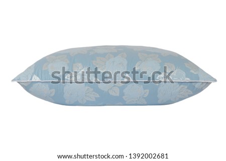 blue pillow with silver rose pattern isolated on a perfect white background, white fringe, stock photography