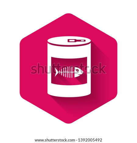 White Canned food for cat icon isolated with long shadow. Fish skeleton sign. Food for animals. Pet dog food can. Pink hexagon button. Vector Illustration