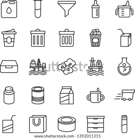 thin line vector icon set - bin vector, storage unit, mug for feeding, measuring cup, bottle, powder, e, packing of juice with a straw, dust, drawer, bag handles, package, canned goods, tin, popcorn Royalty-Free Stock Photo #1392011315