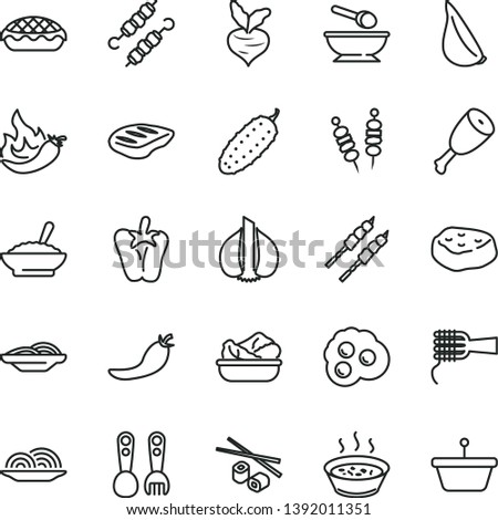 thin line vector icon set - deep plate with a spoon vector, plastic fork spoons, fried vegetables on sticks, onion, slices of, noodles, apple pie, bowl buckwheat porridge, in saucepan, lettuce, chop