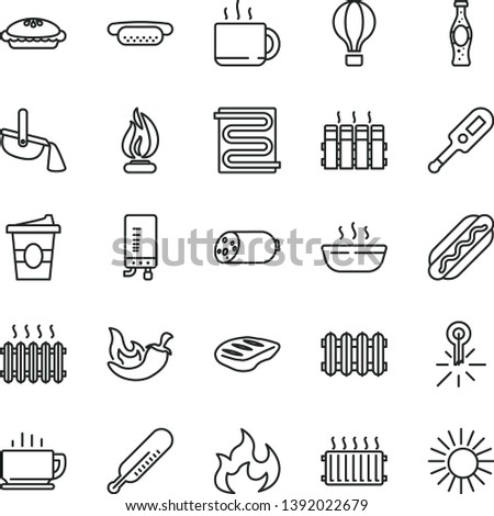thin line vector icon set - electronic thermometer vector e, mercury, heating coil, radiator, new, boiler, coffee, sausage, Hot Dog, mini, pie, porridge, chop, chili, cup of tea, coffe to go, flame
