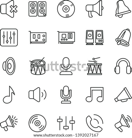 thin line vector icon set - bell vector, desktop microphone, horn, loudspeaker, drumroll, drum, CD, regulator, volume, no sound, phone call, megaphone, pc card, headphones, speaker, note, settings