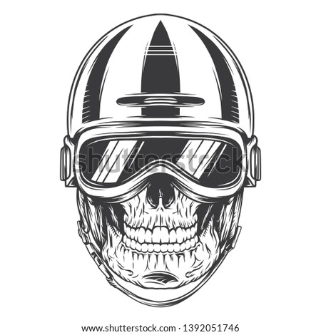 Biker skull. Vintage label, illustration, logotype. Vector illustration. Isolated on white background.