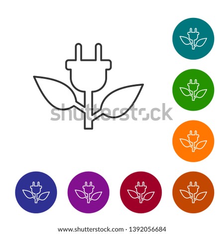 Grey Electric saving plug in leaf line icon isolated on white background. Save energy electricity icon. Environmental protection icon. Bio energy. Set icon in color circle buttons. Vector Illustration