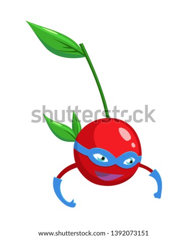 Superhero cartoon cherry with leaf character on a white background.