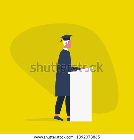 Graduated male student wearing a cap and a gown. Character standing behind the tribune / flat editable vector illustration, clip art