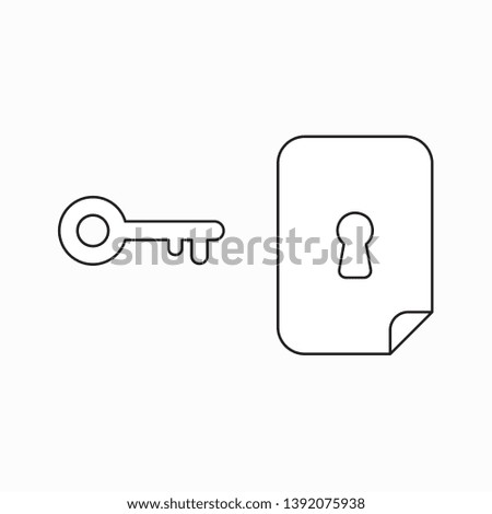 Vector icon concept of keyhole inside paper with key. Black outlines.