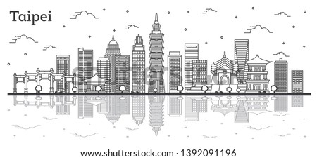 Outline Taipei Taiwan City Skyline with Modern Buildings and Reflections Isolated on White. Vector Illustration. Taipei Cityscape with Landmarks.