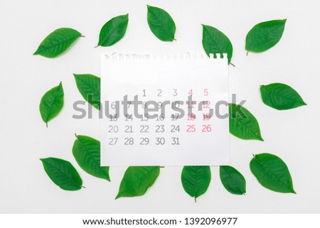 Calendar, green leaves, top view