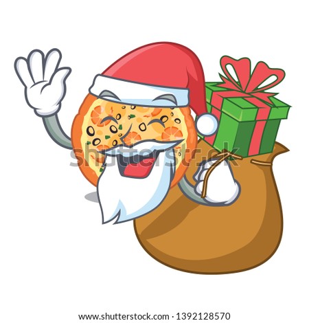 Santa with gift seafood pizza above the cartoon board