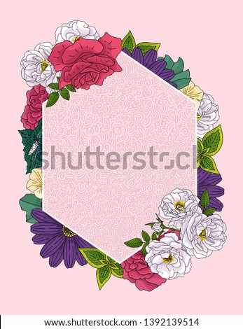 Wedding floral invitation card, save the date design with pink, red flowers - roses and green leaves wreath and frame. Botanical elegant decorative vector template