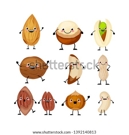 Set of different cartoon nuts vector illustration isolated on white background. Kawaii peanut, hazelnut, walnut, Brazil nut, pistachio, cashew, pecan, almond, macadamia. Royalty-Free Stock Photo #1392140813