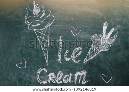 
The inscription in chalk on a blackboard "ice cream", ice cream drawn in chalk