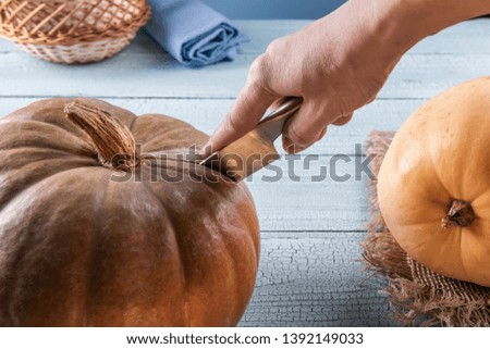 Whole orange pumpkin with natural imperfections pierced and cut with metal knife in human hand on blue wooden surface. Selective focus. Unfocused background. Healthy eating and autumn harvest concepts