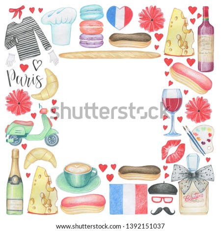 Doodle set with hand drawn isolated colored doodles on the theme of France. Paris symbols. Sketches for use in design
