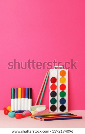 Set of office art school supplies on bright color modern background, education concept