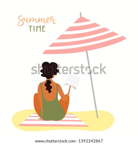 Hand drawn vector illustration of a happy woman on the beach reading, with lettering quote Summer time. Isolated objects on white background. Flat style design. Concept, element for poster, banner.