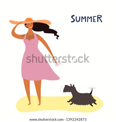 Hand drawn vector illustration of a happy woman, dog walking on the beach, with lettering quote Summer. Isolated objects on white background. Flat style design. Concept, element for poster, banner.