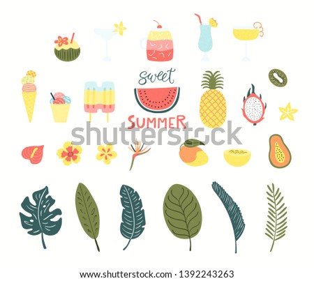 Big set of summer drinks, fruits, ice cream, tropical flowers, palm leaves. Hand drawn vector illustration. Isolated objects on white background. Flat style design. Concept, element for poster, banner