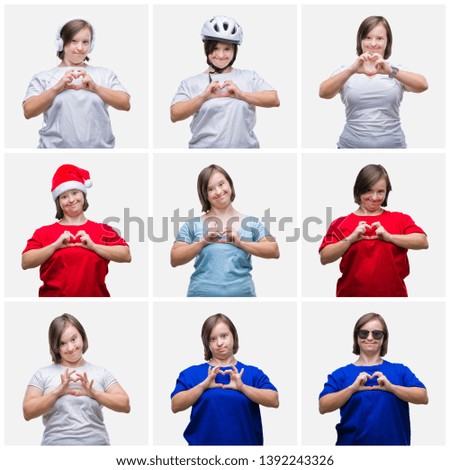 Collage of young woman with down syndrome over isolated background smiling in love showing heart symbol and shape with hands. Romantic concept.