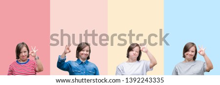 Collage of down syndrome woman over colorful stripes isolated background smiling positive doing ok sign with hand and fingers. Successful expression.