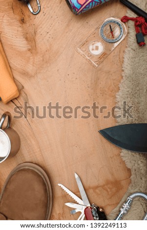 Camping summer time. Camping table. Background. Photo. Adventure. Travel. Tools travel. 