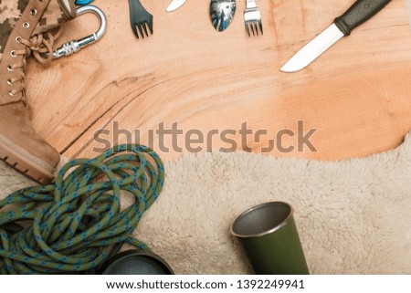 Camping summer time. Camping table. Background. Photo. Adventure. Travel. Tools travel. 