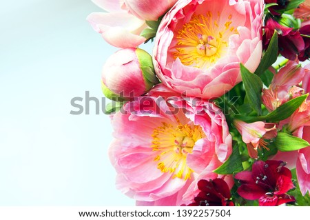 Bouquet of peonies on simple abstract background. Concept with space for text