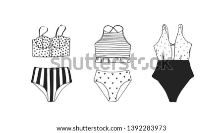 Hand drawn summer bikini illustration. Actual tropical vector background. Artistic doodle drawing pattern. Creative ink art work