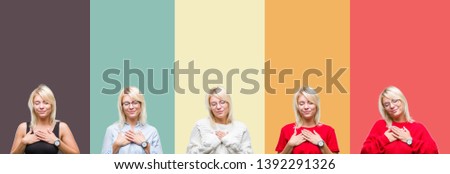 Collage of beautiful blonde woman over vintage isolated background smiling with hands on chest with closed eyes and grateful gesture on face. Health concept.