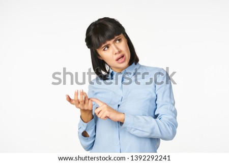 woman teacher in blue shirt on white isolated background                               