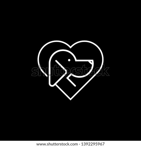 Cute dog with love logo design template. Pet icon isolated on black background. Vector Illustration
