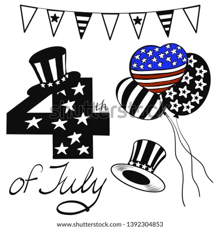 Vector illustration cute objects happy independence day in black, red, blue and white colored for advertisment. Picnic, ball, 4 of july, hat
